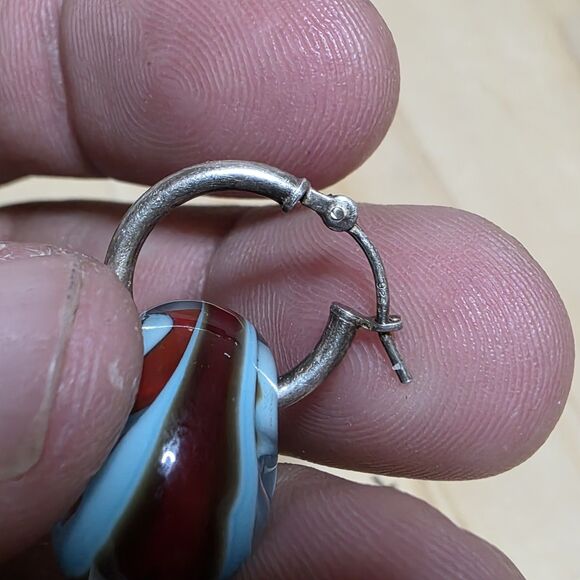 Sterling Silver 925 Hoopdangle Earrings Lamp Work Glass Beads Red / Blue Swirls - Picture 4 of 6